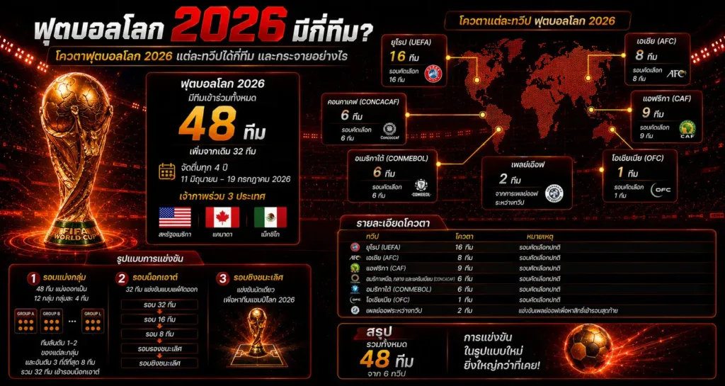 โควตาฟุตบอลโลก 2026 แต่ละทวีปได้กี่ทีม