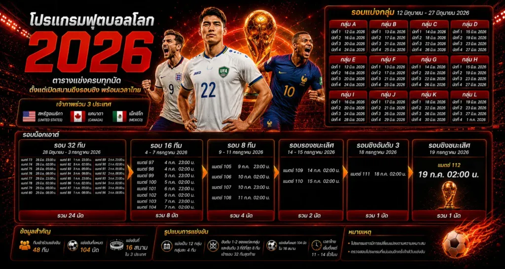 โปรแกรมฟุตบอลโลก 2026 ตารางแข่งครบทุกนัด